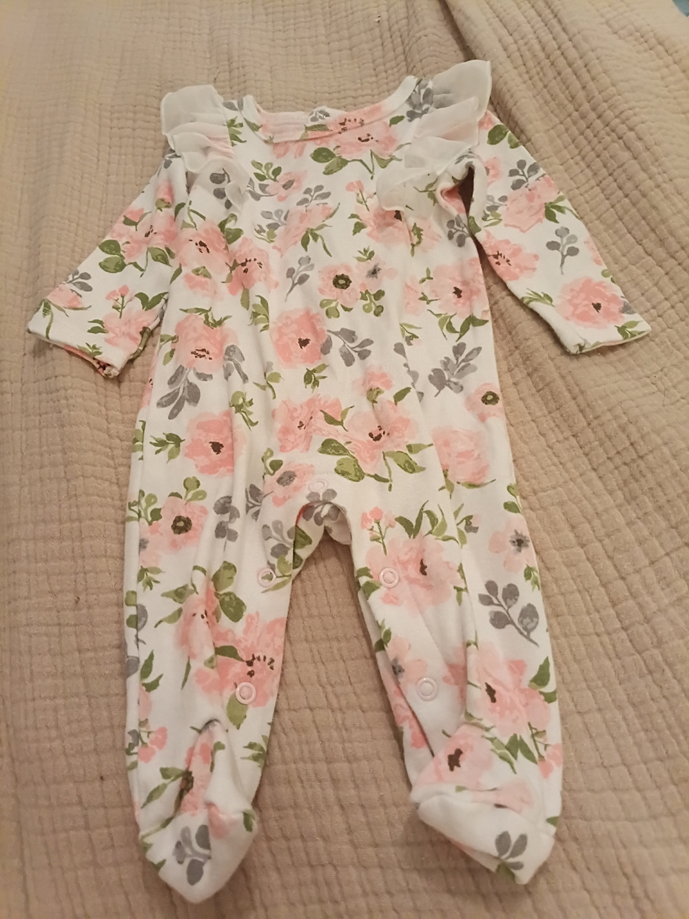 Baby Essentials Floral Ruffle Footie - Pink & Green